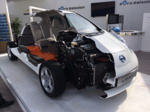 A Nissan LEAF electric car on display in the green zone