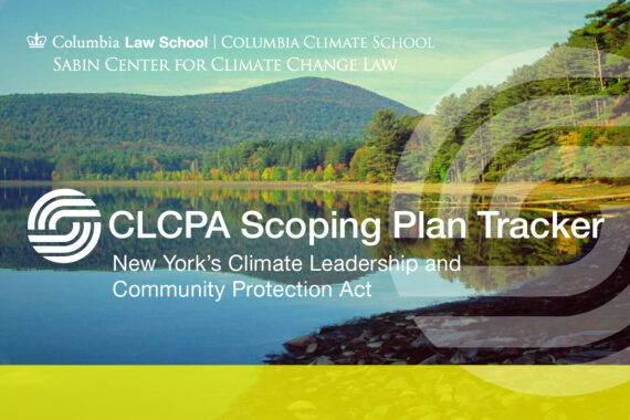 Image of lake and mountain in New York with text reading "CLCPA Scoping Plan Tracker"